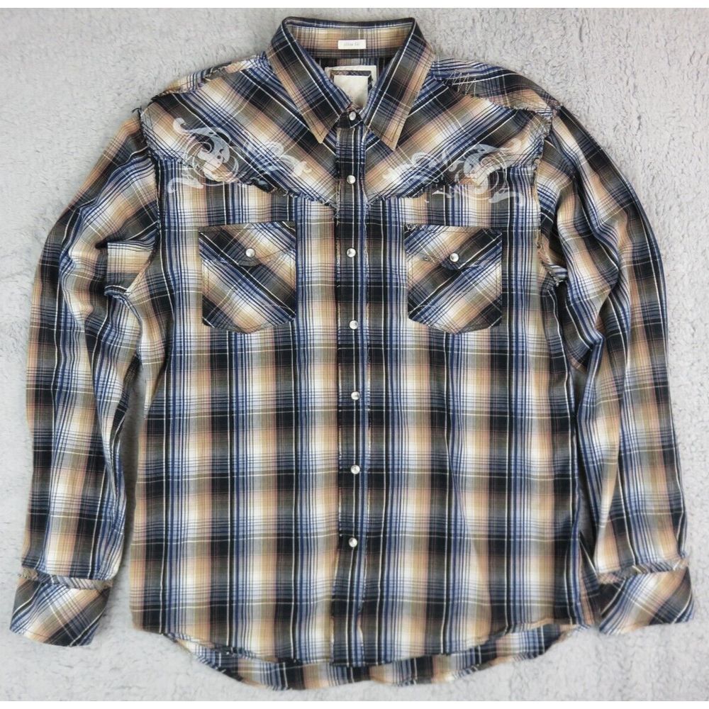 Mens Buckle BKE Shirt Plaid Size XL Slim Pearl Snap Embroidered Distressed